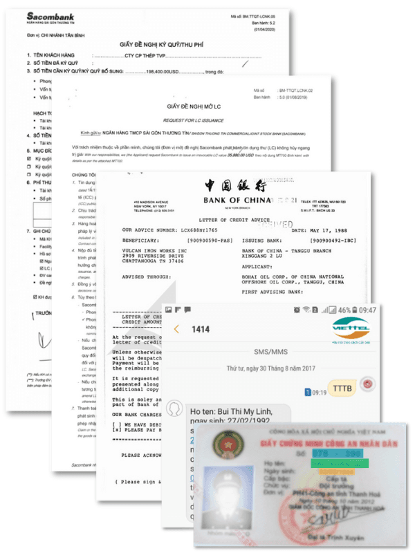 CMT Quân đội, Giấy LC, Giấy ký quỹ, Giấy MT700, Tin nhắn TTTB, Giấy phép lái xe Campuchia ...